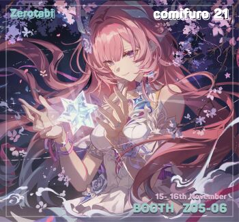 1girl absurdres bare_shoulders breasts closed_mouth commentary crystal cyrene_(honkai:_star_rail) cyrene_(ripples_of_past_reverie)_(honkai:_star_rail) dress earrings english_commentary flower hair_flower hair_ornament hands_up highres honkai:_star_rail honkai_(series) jewelry long_hair medium_breasts pink_hair pointy_ears purple_eyes purple_flower purple_rose rose smile solo upper_body very_long_hair white_dress zerotabi1210