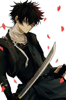 1boy belt black_belt black_hair black_kimono closed_mouth commentary_request crossed_arms hizen_tadahiro holding holding_sheath holding_sword holding_weapon japanese_clothes kimono male_focus petals sheath simple_background solo spiked_hair sword touken_ranbu umeboitarou weapon white_background
