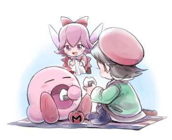 Rule 34 | 2girls, adeleine, beret, black hair, black socks, bow, closed eyes, colored skin, eating, fairy, fairy wings, food, hair bow, hat, hizukiki, kirby, kirby (series), kirby 64, maxim tomato, multiple girls, nintendo, onigiri, pink skin, red bow, red hat, ribbon (kirby), sitting, socks, wings