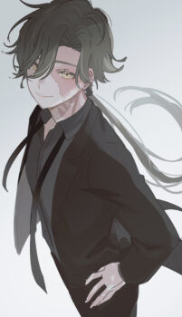 1boy black_hair black_jacket black_necktie black_pants burn_scar character_request closed_mouth coattails collared_shirt commentary_request copyright_request facial_scar grey_background grey_shirt hair_over_one_eye hand_on_own_hip jacket lapels long_hair long_sleeves looking_at_viewer low_ponytail male_focus namihaya necktie notched_lapels open_clothes open_jacket pants ponytail scar scar_on_cheek scar_on_face scar_on_neck shirt simple_background smile solo tailcoat undone_necktie very_long_hair wing_collar yellow_eyes