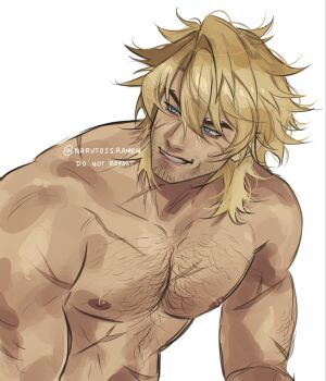 1boy aged_up arm_hair artist_name bara beard_stubble biceps blue_eyes brown_hair chest_hair cross_scar dark_nipples facial_hair facial_scar forked_eyebrows genshin_impact grin hair_between_eyes highres looking_ahead male_focus mature_male medium_hair messy_hair mullet muscular muscular_male nipples nude scar scar_on_arm scar_on_cheek scar_on_chest scar_on_face scar_on_neck scars_all_over simple_background single_hair_intake smile solo stubble tan thick_eyebrows too_many turning_head upper_body ushy_(narutoss_ramen) varka_(genshin_impact) watermark white_background