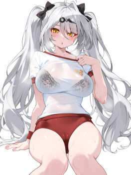 1girl :o ahoge black_bow blush bow bra_visible_through_clothes breasts buruma cameltoe collarbone hair_bow highres hot large_breasts long_hair looking_at_viewer red_buruma see-through_clothes see-through_shirt shirt sitting solo sweat thighs twintails very_long_hair waterring white_hair white_shirt yellow_eyes yixuan_(zenless_zone_zero) zenless_zone_zero