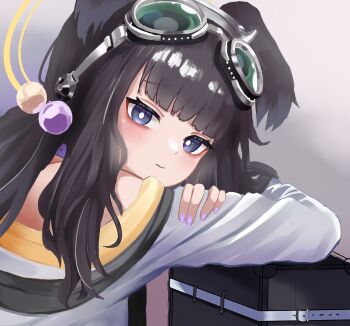 1girl absurdres animal_ears black_hair blue_archive closed_mouth commentary_request dog_ears dog_girl goggles goggles_on_head halo hibiki_(blue_archive) highres kurage_(yoni_0327) long_hair looking_at_viewer simple_background solo yellow_halo