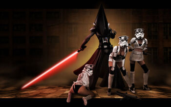 1boy 3girls cosplay crossover darth_vader energy_sword lightsaber multiple_girls nurse parody pyramid_head ranged_weapon silent_hill silent_hill_(movie) silent_hill_(series) sith star_wars stormtrooper sword weapon