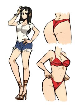 1girl absurdres adjusting_clothes adjusting_panties ass biku black_hair bow bow_panties bra breasts brown_eyes cleavage denim denim_shorts elena_(biku) eyewear_on_head hand_on_own_hip highres large_breasts long_hair looking_at_viewer open-toe_shoes original panties red_bra red_panties reference_sheet shirt shorts simple_background solo sunglasses underwear watch white_background white_shirt wristwatch