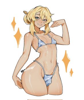 1boy alohapz beads bikini blonde_hair blue_bikini blue_eyes bridget_(guilty_gear) bulge crossdressing crossdressing_(mtf) guilty_gear hair_bun hair_intakes half-closed_eyes hand_up highres looking_at_viewer male_focus micro_bikini navel parted_lips pear-shaped_figure pectoral_cleavage pectorals single_hair_bun solo sparkle swimsuit thighs trap