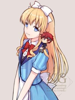 1boy 1girl agate_crosner alternate_costume aono_(aonocrotowa) apron blonde_hair blue_dress blue_eyes bow bowtie dress eiyuu_densetsu highres red_bow red_bowtie ribbon simple_background smile sora_no_kiseki tita_russell waitress white_apron white_ribbon