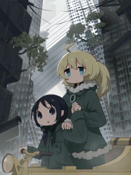 Rule 34 | 2girls, absurdres, ahoge, black eyes, black hair, blonde hair, blue eyes, building, chito (shoujo shuumatsu ryokou), fur-trimmed jacket, fur trim, hand on another's shoulder, highres, jacket, karmanima0w0, long hair, long sleeves, low twintails, multiple girls, outdoors, ruins, shoujo shuumatsu ryokou, skyscraper, twintails, yuuri (shoujo shuumatsu ryokou)