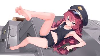 1girl absurdres alternate_costume bare_legs bare_shoulders barefoot black_eyes black_hat black_shorts black_tank_top blue_archive blush breasts c-r-carlos casual commentary dolphin_shorts dot_nose double-parted_bangs feet fluffy_hair foot_focus foreshortening full_body gehenna_academy_logo grin gun hair_between_eyes handgun hat highres holding holding_gun holding_pistol holding_weapon huge_filesize iroha_(blue_archive) leg_up loli long_hair looking_at_viewer lying military_hat military_vehicle motor_vehicle navel on_back on_tank peaked_cap presenting_foot reclining red_hair short_shorts shorts simple_background small_breasts smile soles solo tank tank_top thighs toes trigger_discipline v-shaped_eyebrows very_long_hair wavy_hair weapon weapon_request white_background