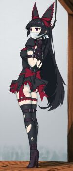 1girl absurdres ameng_(katena1990) armbinder arms_behind_back ass bdsm belt black_hair black_thighhighs bound bound_ankles bound_arms bound_feet bound_wrists breasts cloth_gag dress execution frilled_dress frills full_body gag gagged gallows gate_-_jieitai_ka_no_chi_nite_kaku_tatakaeri grey_background hanged helpless high_heels highres hime_cut improvised_gag long_hair looking_to_the_side medium_breasts miniskirt noose outdoors over_the_nose_gag panties pantyshot puffy_short_sleeves puffy_sleeves punishment purple_eyes purple_footwear red_ribbon restrained restraints reverse_prayer ribbon rory_mercury short_dress short_sleeves sideboob skirt solo standing thighhighs torn_clothes torn_thighhighs underwear very_long_hair waiting white_panties