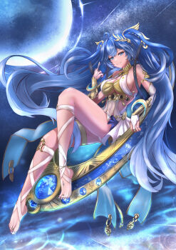 1girl absurdres ahoge bare_shoulders barefoot black_skirt blue_eyes blue_hair breasts cleavage commentary feet full_moon gold_bra gradient_hair highres iuno_(wuthering_waves) jewelry kc_yuki89 laurel_crown leg_wrap long_hair looking_at_viewer medium_breasts moon multicolored_hair parted_lips skirt smile solo tacet_mark_(wuthering_waves) thighlet thighs toes twintails vambraces very_long_hair wuthering_waves