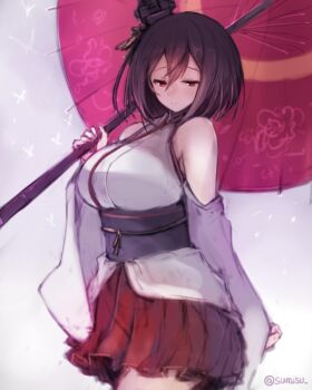 1girl black_hair breasts closed_mouth commentary detached_sleeves grey_background hair_between_eyes headgear highres holding holding_umbrella japanese_clothes kantai_collection large_breasts looking_at_viewer nontraditional_miko oil-paper_umbrella pleated_skirt red_eyes red_skirt simple_background skirt solo sumisu_(mondo) twitter_username umbrella wide_sleeves yamashiro_(kancolle)