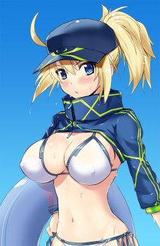 1girl ahoge artoria_pendragon_(fate) baseball_cap bikini blonde_hair blue_eyes blue_hat blue_shrug blush breasts cleavage covered_erect_nipples fate/grand_order fate_(series) hat highres innertube large_breasts long_hair long_sleeves looking_at_viewer mysterious_heroine_xx_(fate) navel ponytail shrug_(clothing) sidelocks solo swim_ring swimsuit tsuzuki_yoshio white_bikini wristband