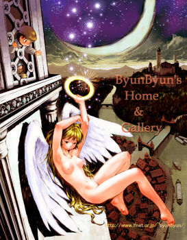 1boy 1girl angel angel_wings arms_up artist_name bad_id barefoot black_eyes black_hair blonde_hair boat breasts bridge brown_socks building child closed_mouth cloud completely_nude dawn defensive_wall fantasy feathered_wings forest from_above gate_house green_hat green_shoes grey_shirt halo hand_on_own_arm hat high_up holding_halo long_hair medium_breasts mountainous_horizon multicolored_sky nature navel newsboy_cap nipples nude open_mouth original outdoors outstretched_arm purple_sky river scenery shirt shoes short_hair sitting sky socks sparkle star_(sky) starry_sky tower town traditional_halo tsuzuki_kazuhiko watercraft watermark web_address white_wings wings yellow_sky