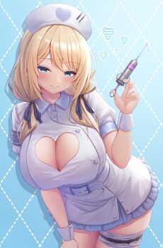 1girl absurdres belt belt_buckle blonde_hair blue_background blue_eyes blush breasts buckle buttons cleavage cleavage_cutout clothing_cutout collared_dress commentary_request cowboy_shot dress hand_up hat heart heart_cutout heart_print highres holding holding_syringe large_breasts long_hair looking_at_viewer manase_yua nurse nurse_cap parted_bangs parted_lips print_hat project_blue_(vtuber) short_sleeves skindentation smile solo syringe tanu_(ace_ikachan) thigh_strap virtual_youtuber white_belt white_dress white_hat white_wrist_cuffs wrist_cuffs