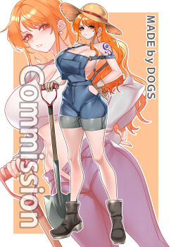 1girl absurdres armpits artist_name blue_overalls boots breasts brown_boots commentary_request commission dogs_(dlrkdejr26) earrings eyebrows_hidden_by_hair from_side full_body hand_on_own_hip highres holding holding_shovel jewelry korean_commentary large_breasts long_hair looking_at_viewer multiple_views naked_overalls nami_(one_piece) navel one_piece open_mouth orange_hair overalls shoulder_tattoo shovel stomach tattoo