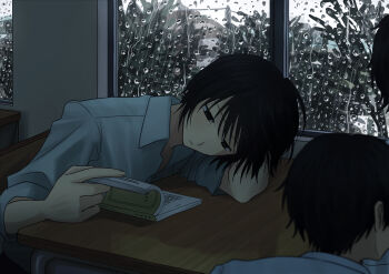 3boys absurdres black_eyes black_hair book chair classroom closed_mouth collared_shirt commentary_request desk highres indoors male_focus multiple_boys original rain reading satoaku0626 school_chair school_desk shirt short_hair sitting solo_focus white_shirt