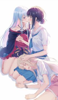 3girls after_kiss black_dress blonde_hair blue_eyes blue_hair blue_neckerchief blue_skirt blush bracelet breast_pocket chou_kaguya-hime! closed_eyes collarbone colored_inner_hair commentary criss-cross_halter dolphin_shorts dress drooling english_commentary frilled_sleeves frills girl_sandwich green_eyes gym_shirt hair_bun halterneck hand_on_another's_head highres holding_hands jewelry kafkasea kaguya_(chou_kaguya-hime!) lap_pillow long_hair mouth_drool multicolored_hair multiple_girls neckerchief off_shoulder open_mouth pink_hair pleated_skirt pocket profile purple_hair red_shorts runami_yachiyo sailor_collar sakayori_iroha saliva saliva_trail sandwiched school_uniform serafuku shirt short_dress short_sleeves shorts sidelocks skirt stuffed_toy teeth upper_teeth_only white_sailor_collar white_shirt wide_sleeves yuri