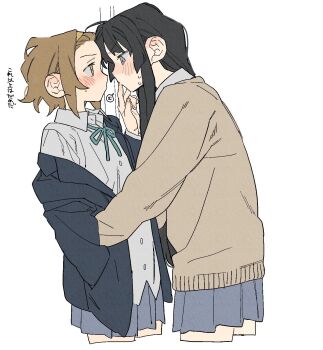 Rule 34 | 2girls, akiyama mio, black hair, black jacket, blue ribbon, blue skirt, blush, brown hair, brown sweater, collared shirt, commentary, dayama, finger to another's mouth, grey eyes, hairband, hand on another's waist, highres, jacket, k-on!, multiple girls, neck ribbon, pleated skirt, ribbon, shirt, short hair, simple background, skirt, sweat, sweater, symbol-only commentary, tainaka ritsu, translated, white background, white shirt, yellow eyes, yellow hairband, yuri