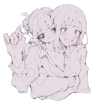 2girls absurdres biting blood blush boku_no_hero_academia collared_shirt commentary double_bun greyscale hair_bun hand_up hashtag-only_commentary highres hug hug_from_behind monochrome multiple_girls neck_biting open_mouth shirt spot_color sweat toga_himiko uraraka_ochako xenoee yuri