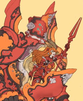 Rule 34 | 1girl, adapted costume, alternate universe, armor, blue eyes, boobplate, breastplate, breasts, commentary, english commentary, eva 02, fantasy, flower, full armor, gauntlets, hair flower, hair ornament, highres, holding, holding polearm, holding weapon, knight, lance of longinus (evangelion), long hair, mecha, medium breasts, neon genesis evangelion, nrcgray, open mouth, orange hair, polearm, red armor, red flower, robot, simple background, solo, souryuu asuka langley, teeth, upper teeth only, weapon, yellow background