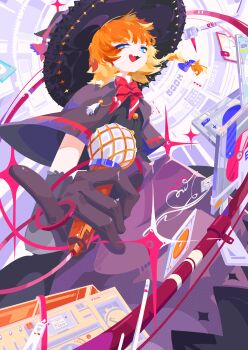 Rule 34 | 1girl, absurdres, apron, artist request, black capelet, black gloves, black hat, blonde hair, blue eyes, boombox, bow, bowtie, capelet, cd case, commission, cookie (touhou), cowboy shot, elbow gloves, gloves, hat, highres, holding, holding microphone, kirisame marisa, looking at viewer, meguru (cookie), microphone, open mouth, pinky out, purple apron, red bow, red bowtie, second-party source, short hair, smile, solo, touhou, waist apron, witch hat