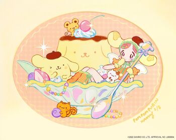 ._. 1girl :3 ;3 animal animal_ear_headwear animal_ears artist_name bagel_(sanrio) ball beret black_eyes black_hat blueberry bowl bracelet brown_hair character-themed_food character_name cherry closed_mouth comcomblue commentary copyright_name copyright_notice dog dog_ears dot_mouth fake_animal_ears food frilled_sleeves frills fruit hair_ornament hairclip hamster hands_up hat highres holding holding_spoon jewelry leg_warmers looking_at_viewer mini_person minigirl mittens muffin_(sanrio) official_art one_eye_closed orange_leg_warmers orange_shirt pearl_bracelet pompompurin pudding puffy_short_sleeves puffy_sleeves purple_skirt sanrio scone_(sanrio) shirt short_hair short_sleeves sitting skirt spoon sprinkles squirrel strawberry whipped_cream white_wings wimple wings yellow_background yellow_mittens