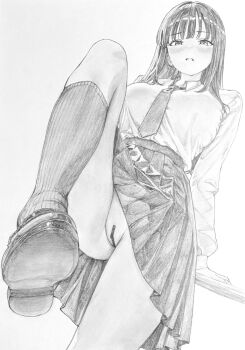 Rule 34 | 1girl, absurdres, bar censor, blush, breasts, censored, collared shirt, commentary request, cowboy shot, graphite (medium), greyscale, highres, kneehighs, large breasts, leg up, lensia, loafers, long hair, long sleeves, looking at viewer, monochrome, necktie, no panties, original, pleated skirt, pussy, ribbed socks, school uniform, shirt, shoes, simple background, skirt, socks, solo, stomping, traditional media