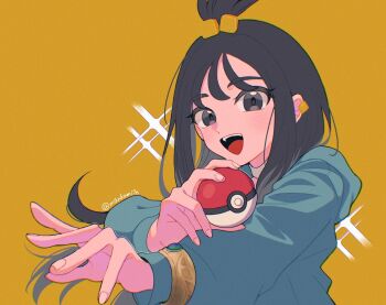 1girl black_hair blue_hoodie blush choker cube_hair_ornament earclip grey_eyes hair_ornament highres holding holding_poke_ball hood hood_down hoodie jacket lida_(pokemon) long_hair long_sleeves looking_at_viewer mega_ring mikakami1e nintendo open_mouth poke_ball pokemon pokemon_(creature) pokemon_focus pokemon_legends:_z-a simple_background smile solo star_(symbol) teeth topknot upper_body upper_teeth_only white_choker wispy_bangs