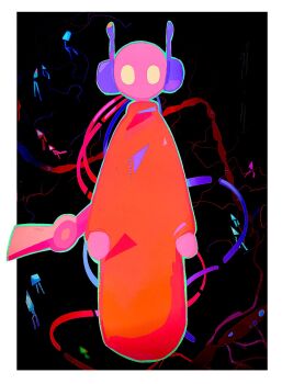 arms_at_sides black_background blank_eyes border cable colored_skin commentary_request five_pebbles highres humanoid_robot iterator_(rain_world) korean_commentary looking_at_viewer neuron_fly_(rain_world) no_mouth orange_robe pink_skin rain_world robe robot robot_ears rw_dayfly simple_background white_border