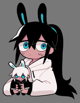 1girl alternate_color animal_ears aqua_eyes black_hair black_hoodie black_thighhighs character_doll closed_mouth doll grey_background hair_between_eyes highres holding holding_doll hood hood_down hoodie ichika-chan_(iiiichimaru_03) iiiichimaru_03 kemonomimi_mode long_hair long_sleeves looking_to_the_side mob_face original ponytail rabbit_ears shorts sidelocks simple_background sleeves_past_wrists sweat thighhighs white_hair white_hoodie white_shorts