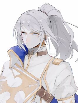 1boy absurdres artorius_collbrande blue_eyes cape closed_mouth commentary_request grey_hair high_collar highres long_hair long_sleeves looking_afar looking_to_the_side male_focus mature_male nancykittyu ponytail portrait simple_background solo tales_of_(series) tales_of_berseria white_background