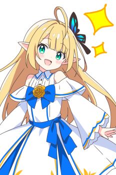 1girl :d ahoge bare_shoulders blonde_hair blue_bow blue_bowtie blush bow bowtie butterfly_hair_ornament commentary_request cowboy_shot dot_nose dress elf green_eyes hair_ornament highres kotatsu-mazoku long_hair long_sleeves looking_at_viewer open_mouth original pointy_ears simple_background smile solo sparkle white_background white_dress
