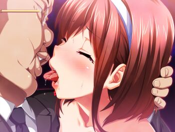 1boy 1girl age_difference asaoka_genzo big_nose black_background black_jacket black_necktie blush brown_hair closed_eyes clothed_male_nude_female collarbone collared_shirt embarrassed fat fat_man from_side game_cg glasses hair_between_eyes hairband hand_in_another&#039;s_hair hetero hinomoto_koharu imminent_kiss jacket kedamono-tachi_no_sumu_ie_de lapels medium_hair necktie nude old old_man older_male_and_younger_female open_mouth pin-point portrait raised_inner_eyebrows saliva shirt sidelocks simple_background suit_jacket sweat takeda_hiromitsu tearing_up thick_lips tongue tongue_out ugly_bastard white_hairband white_shirt worried wrinkled_skin