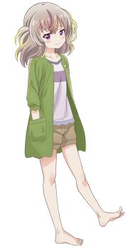 1girl absurdres barefoot full_body hands_in_pockets highres purple_eyes riokasen short_shorts shorts slow_loop smile solo twintails white_background yoshinaga_koi