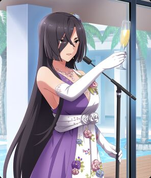 Rule 34 | 1girl, alcohol, bare shoulders, black hair, blue flower, blue rose, breasts, brown eyes, champagne, champagne flute, cleavage, corsage, cowboy shot, cup, day, dress, drinking glass, earrings, elbow gloves, eyes visible through hair, floral print, floral print dress, flower, formal clothes, game cg, gloves, hair between eyes, hair flower, hair ornament, hair over one eye, hand up, holding, holding microphone stand, indoors, jewelry, large breasts, long hair, microphone, microphone stand, necklace, official art, open mouth, origami yukari, palm tree, pillar, pink flower, pink rose, print dress, purple dress, purple flower, purple rose, rose, sideboob, sleeveless, sleeveless dress, smile, solo, third-party source, toasting (gesture), toji no miko, toji no miko: kizamishi issen no tomoshibi, tree, two-tone dress, very long hair, water, white dress, white flower, white gloves, white rose, window, wooden floor