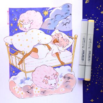 1girl absurdres art_tools_in_frame artist_name barefoot bed blanket closed_eyes cloud commentary dark-skinned_female dark_skin hair_over_one_eye highres inktober marker_(medium) midair original photo_(medium) pillow pink_hair ribbon sheep signature sky sleeping star_(sky) star_(symbol) star_print starry_sky traditional_media vicki_tsai