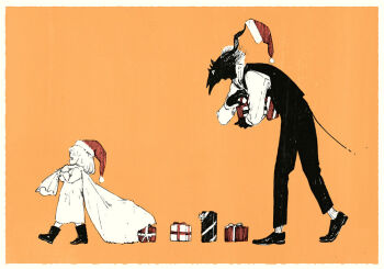 1boy 1girl black_fur black_vest body_fur boots box child christmas dress full_body furry furry_male gift gift_box hat holding holding_gift holding_sack horns looking_at_another nagabe orange_background original sack santa_hat sensei_(totsukuni_no_shoujo) shiva_(totsukuni_no_shoujo) short_hair simple_background tail totsukuni_no_shoujo vest walking white_eyes