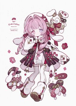 1girl absurdres blunt_bangs bright_pupils brown_shoes closed_mouth commission dot_mouth dress full_body hair_intakes hand_up hat heterochromia highres kanae_(cookie) long_hair long_sleeves looking_at_viewer original pantyhose pink_eyes pink_hair purple_eyes rabbit red_dress sample_watermark shoes simple_background sleeves_past_wrists socks solo standing watermark white_background white_hat white_pantyhose white_pupils white_socks