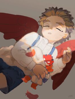 1boy aged_down blue_shorts boku_no_hero_academia brown_hair character_doll closed_eyes doll endeavor_(boku_no_hero_academia) hawks_(boku_no_hero_academia) highres horocca long_sleeves male_focus open_mouth red_wings short_hair shorts simple_background sleeping solo suspenders wings