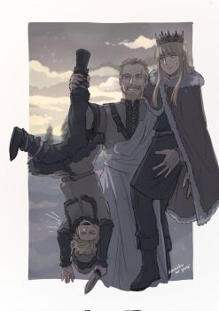 3boys angry askeladd beard black_shirt blonde_hair blush brown_cape brown_eyes canute cape carrying carrying_person coat commentary crown english_commentary facial_hair fur_trim grey_coat grey_shirt highres holding holding_knife hood kaizokunoyume knife long_hair looking_at_another lower_teeth_only male_focus medium_hair multiple_boys mustache open_mouth outdoors shirt short_hair small_sweatdrop smile teeth thorfinn toga upside-down vinland_saga