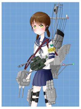 Rule 34 | 1girl, brown hair, cannon, crossover, destroyer, directed-energy weapon, earpiece, energy cannon, energy weapon, godzilla (series), godzilla vs. mothra, grid, grid background, hara kouchi, imperial japanese navy, kadokawa, kadokawa games, kamikaze-class destroyer, kantai collection, looking at viewer, maser cannon, mbaw-93, military vehicle, naval artillery, naval gun, personification, pigtail braids, school uniform, ship, shirayuki (kancolle), short hair, toho, warship, watercraft, weapon, wireframe, yellow eyes