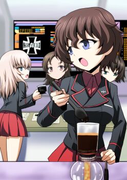 4girls akaboshi_koume black_jacket blue_eyes brown_hair closed_eyes coffee_maker coffee_mug coffee_pot commentary cup dress_shirt emblem from_behind girls_und_panzer hida_ema highres holding holding_cup insignia itsumi_erika jacket kamishima_kanon kuromorimine_(emblem) kuromorimine_military_uniform lcars leaning_forward long_sleeves looking_at_another looking_back medium_hair military military_uniform miniskirt mug multiple_girls open_mouth paper pleated_skirt red_shirt red_skirt shirt short_hair silver_hair skirt standing star_trek star_trek:_the_next_generation wavy_hair wing_collar