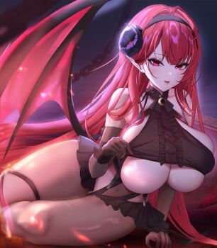 absurdres azur_lane bare_shoulders black_gloves black_horns breasts center_frills clothing_cutout covered_navel curled_horns demon_girl demon_horns demon_wings elbow_gloves frills gloves highres hindenburg_(azur_lane) horns huge_breasts inverted_cross_earrings looking_at_viewer navel navel_cutout pafekui red_eyes red_hair see-through_clothes skindentation slit_pupils wings