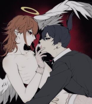 2boys absurdres angel_devil_(chainsaw_man) angel_wings black_hair black_jacket black_necktie brown_hair chainsaw_man collared_shirt commentary_request e96l2 earrings floral_print_gloves floral_print_thighhighs gloves grey_eyes hair_between_eyes halo hand_on_another&#039;s_face hayakawa_aki highres jacket jewelry korean_commentary male_focus multiple_boys necktie ponytail print_gloves print_thighhighs red_eyes shirt short_ponytail suit_jacket thighhighs tongue tongue_out topless_male upper_body white_shirt white_wings wings yaoi