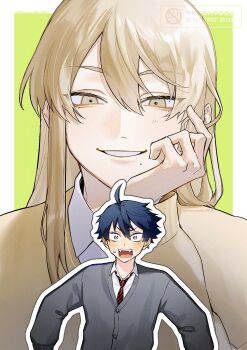 Rule 34 | 2boys, ahoge, androgynous, blonde hair, blue hair, blush, brown eyes, cardigan, collared shirt, commentary request, da (kizu9chi), doujinshi cover trope (trend), fangs, flustered, green background, grey cardigan, hair between eyes, hand on own face, highres, ichinose shiki (tougen anki), long hair, male focus, mole, mole under mouth, momodera mikado, multiple boys, necktie, open mouth, outline, parted lips, projected inset, red necktie, shirt, short hair, smile, tougen anki, tsurime, twitter username, upper body, watermark, white outline, white shirt