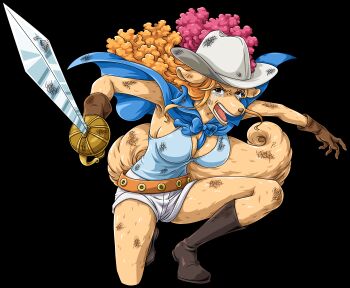 1girl angry between_breasts blue_cape breasts brown_gloves cape cleavage crying curvy dog_girl fighting_stance forest gloves hat holding holding_sword holding_weapon injury kneeling large_breasts looking_at_viewer nature non-web_source official_art one_piece one_piece_treasure_cruise open_mouth orange_hair sad shiny_skin short_shorts shorts sideboob solo sword tail tears transparent_background wanda_(one_piece) wavy_eyes weapon wide_hips