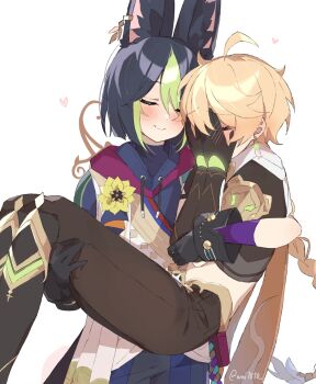 2boys absurdres aether_(genshin_impact) ahoge animal_ear_piercing animal_ears artist_name black_gloves blonde_hair boots braid braided_ponytail cape carrying covering_own_eyes covering_own_face cowboy_shot earrings embarrassed genshin_impact gloves green_hair heart highres hood jackal_boy jackal_ears jewelry knee_boots midriff multicolored_hair multiple_boys princess_carry single_earring spoken_heart streaked_hair tighnari_(genshin_impact) wai1010 white_background white_cape yaoi