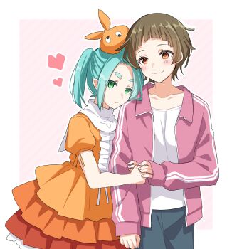 Rule 34 | 2girls, absurdres, aqua hair, blush, border, brown eyes, brown hair, collarbone, commentary, couple, dress, eye on hat, green eyes, hat, heart, highres, holding hands, jacket, layered dress, looking at another, manimani (mani ma), monogatari (series), multiple girls, ononoki yotsugi, orange dress, orange hat, outside border, pink background, pink jacket, puffy short sleeves, puffy sleeves, sengoku nadeko, shirt, short sleeves, smile, white border, white shirt, yuri