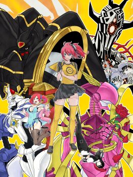 Rule 34 | absurdres, aiba ami, alphamon, anniversary, armor, artcetona, bare shoulders, black armor, black hair, black helmet, black panties, black pantyhose, black shirt, black skirt, black thighhighs, blue camisole, blue eyes, breasts, camisole, cleavage, digimon, digimon (creature), digimon story: cyber sleuth, dress, eater (digimon), flower, forehead jewel, garter straps, goggles, goggles on head, group picture, helmet, highres, holding, holding flower, hood, hooded jacket, jacket, kamishiro yuuko, knight, large breasts, lordknightmon, mecha, miniskirt, mother eater, multiple boys, multiple girls, off shoulder, omegamon, panties, pantyhose, pink armor, pink helmet, pink jacket, pleated skirt, red flower, red hair, red rose, robot, rose, sanada arata, shiramine nokia, shirt, shoulder armor, side-tie panties, side ponytail, sideless outfit, simple background, skirt, textless version, thighhighs, twintails, two-tone shirt, underwear, white armor, white dress, yellow background, yellow shirt